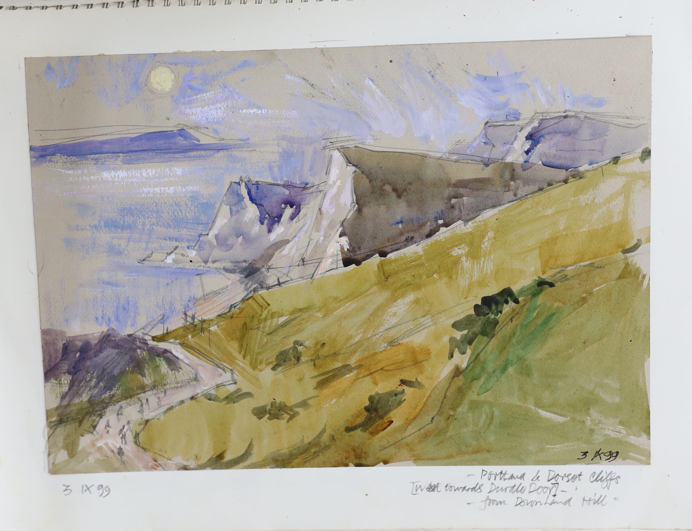 Michael Lawrence Cadman (1920-2010), folio of assorted watercolours and pastel drawings including jockeys, garden scenes and landscapes, largest 50 x 65cm, together with a crate of assorted sketchbooks